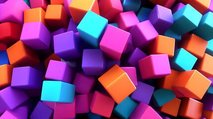 A vibrant collection of colorful cubes arranged in a playful, abstract manner.
