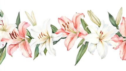 Fototapeta premium Stargazer Lilies. Watercolor Floral Garland Vignette with White and Pink Lilies