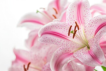 Stargazer Lily. Close Up of Beautiful Pink Blooms in White Botanical Setting