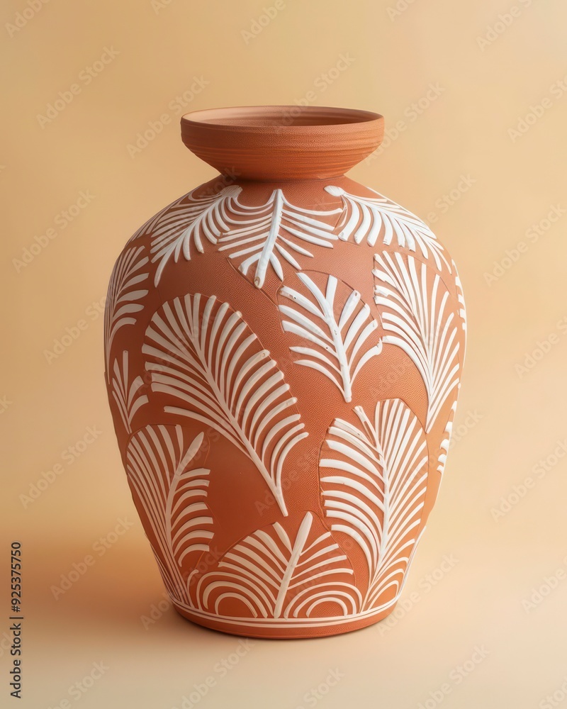 Wall mural a terracotta vase with intricate white etchings, combining earthy tones and detailed designs for a u