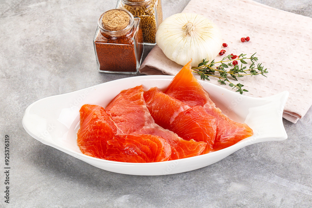 Wall mural Salted raw salmon fillet appetizer