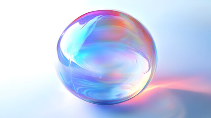 Obraz premium A vibrant iridescent sphere sits on a light blue background, casting a soft pink reflection.