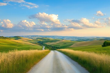 Fototapeta premium Val Dorcia Landscape: Stunning Sunset View of Tuscan Fields and Road