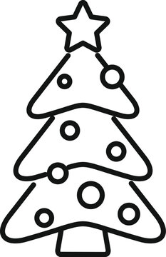 recommend clip art: Line art icon of a decorated christmas tree with star and baubles