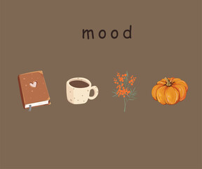 A set of items on a beige background. Postcard Autumn mood Set of pumpkin flower book and coffee cup Comfort and beauty Postcard in warm colors
