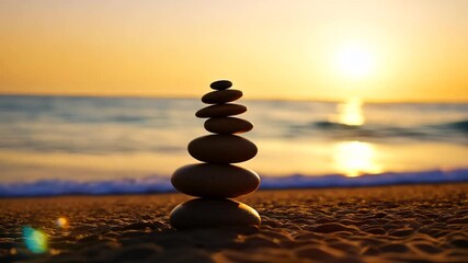 Stacked Zen Stones on the Beach at Sunset With Ocean Backdrop Generative AI