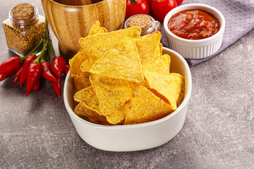Mexican corn nachos chips with salsa