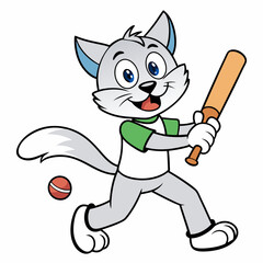 Cat play cricket  art vector illustration
