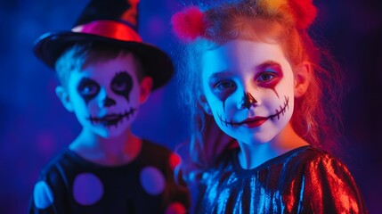 Obraz premium Two children in Halloween costumes with face paint, standing in a colorful, dimly lit environment.