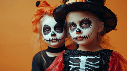 Two girls in Halloween costumes stand against an orange backdrop, wearing elaborate skull makeup. One has a black witch hat, while the other wears an orange headpiece with ribbons.