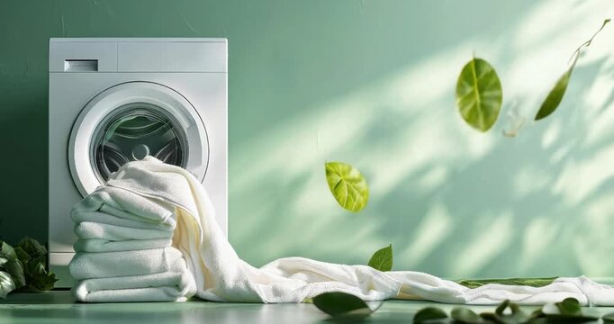 washing machine green eco sustainable ecological environmental friendly, fresh clean natural organic wash white towels laundry, green leaves falling in slow motion