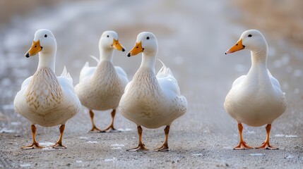 Obraz premium White Ducks. Three Water Birds with Avian Plumage in Springtime Farm Setting