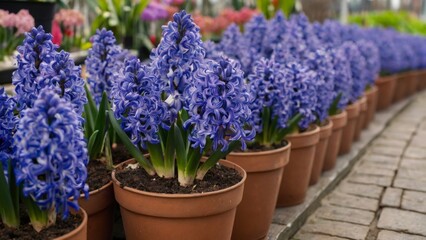 Naklejka premium Many blue-violet blooming hyacinths in pots decoration