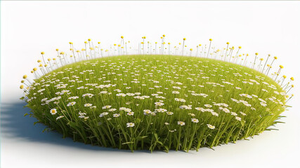 3d render of grassy field with wild flowers, isolated on white background