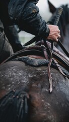 Fototapeta premium Close-Up of Jockey Adjusting Saddle on Thoroughbred Horse Before the Race - Equestrian Equipment Focus