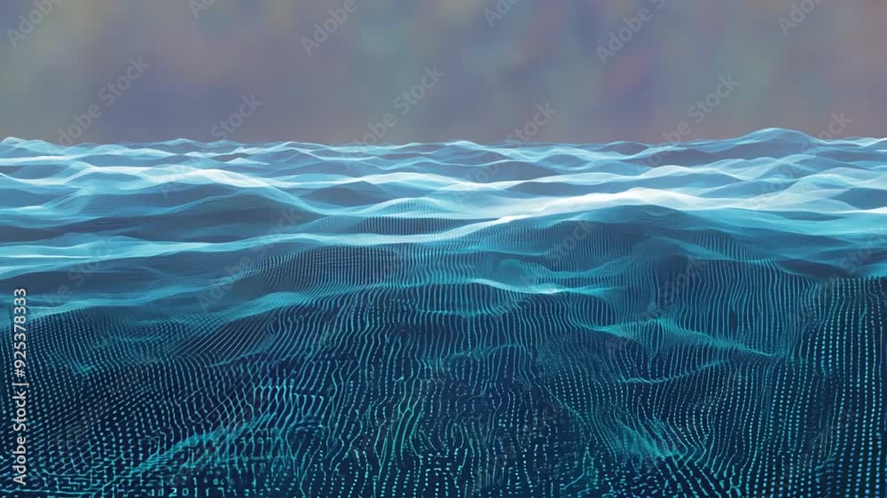 Poster abstract blue binary code waves creating a digital seascape generative ai