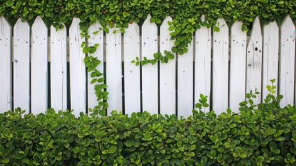 White Picket Fence in Green Garden: Abstract Background with Wall Construction