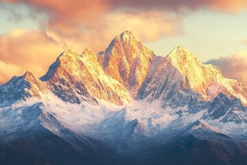 Fototapeta premium Awe: A majestic mountain range with towering peaks, bathed in the golden light of sunrise