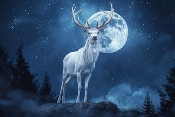 White Stag: Fairytale Wildlife in Moonlit Night Forest