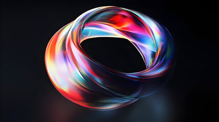 A vibrant, abstract 3D shape with swirling colors and smooth textures.