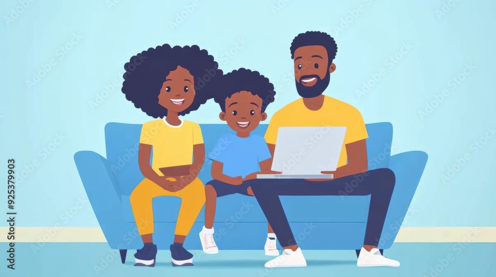 Sticker A family sitting on a couch with their laptop, AI