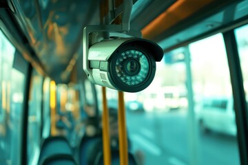 Surveillance camera installed inside a public transportation vehicle monitoring passenger activities and ensuring safety