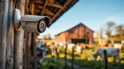 Surveillance camera monitoring a barnyard during sunset