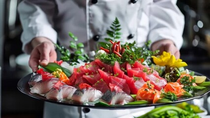 Master chef showcasing a beautifully arranged seafood platter featuring fresh tuna, symbolizing culinary artistry and attention to detail.