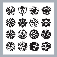 Set of logotype icons flowers Rose, Tulip, Orchid, Sunflower, Lily, Daisy, Daffodil, Jasmine, Lavender, Marigold, Peony, Chrysanthemum, Hibiscus, Poppy, Violet silhouettes in white background