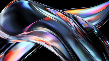 A vibrant, abstract composition of fluid shapes reflecting light in various colors.