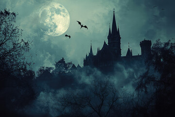 Fototapeta premium Mysterious Moonlit Castle Surrounded by Bats: A Haunting Scene of Dark Romance and Gothic Lore Under a Full Moon