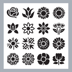 Set of logotype icons flowers Rose, Tulip, Orchid, Sunflower, Lily, Daisy, Daffodil, Jasmine, Lavender, Marigold, Peony, Chrysanthemum, Hibiscus, Poppy, Violet silhouettes in white background