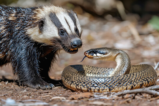 In an electrifying face-off, a honey badger boldly faces a venomous snake, showcasing nature's fierce survival instincts and raw bravery.