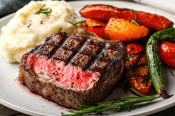 A mouthwatering medium-rare steak sits beside creamy mashed potatoes and vibrant grilled vegetables, perfectly arranged for a delightful meal experience.
