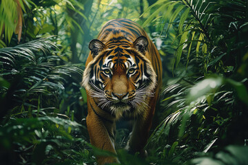 A powerful Bengal tiger stealthily prowls through the dense foliage of its jungle habitat, showcasing its hunting instincts and majestic presence.