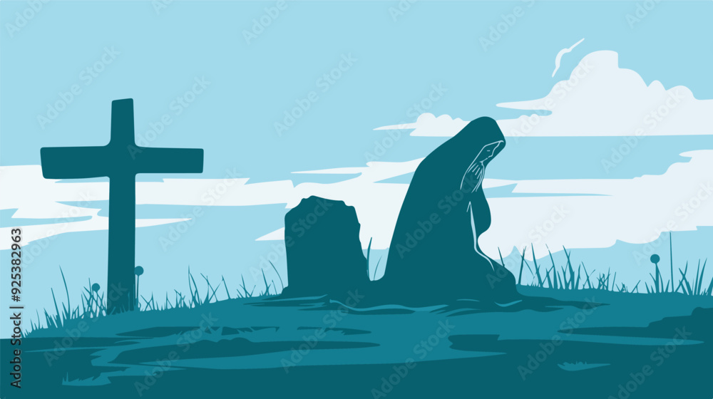 Wall mural woman grieving at grave in cemetery with cross silhouette grief loss death sadness illustration