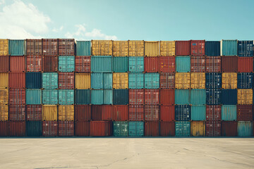 Fototapeta premium An Array of Color: A Massive Wall of Stacked Shipping Containers Under Clear Blue Skies Capturing Efficiency and Industrial Artistry