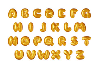3d gold metallic alphabet balloon set isolated on white. Render golden font characters. Decorative shiny symbols for banner, cover, holidays, anniversary party or birthday. Vector Illustration