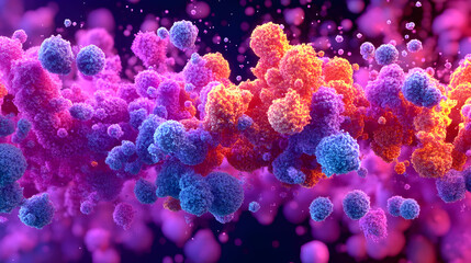 Obraz premium A vibrant, abstract representation of microscopic structures in a colorful environment.