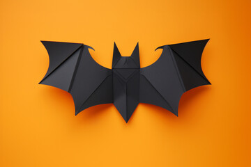 Black origami bat on orange background with free space for text. Halloween background. Traditional October holiday. Autumn holiday decoration. Happy Halloween concept, greeting card