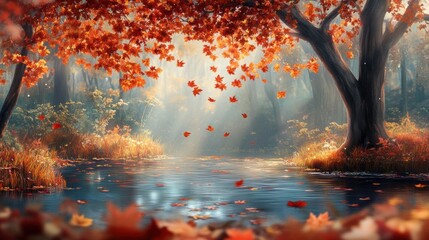 Fototapeta premium A painting of a beautiful autumn scene with trees and leaves, AI