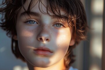 A natural, soft portrait of a teenager illuminated by gentle, natural lighting. The scene captures authentic emotions and expressions, with soft sunlight enhancing the features and skin tones. The bac