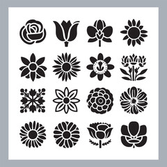 Set of logotype icons flowers Rose, Tulip, Orchid, Sunflower, Lily, Daisy, Daffodil, Jasmine, Lavender, Marigold, Peony, Chrysanthemum, Hibiscus, Poppy, Violet silhouettes in white background