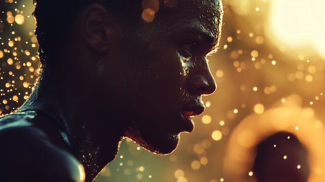A marathon runner glistens with sweat and determination as fellow runners surge in the background.