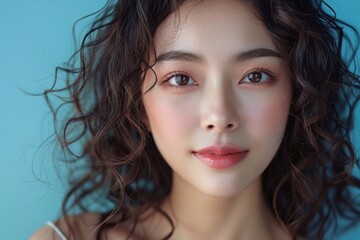 Fototapeta premium Pretty Asian beauty woman curly long hair with Korean makeup glowing face and healthy facial skin portrait smile on isolated blue background.