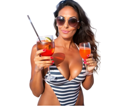 Beautiful woman wearing sunglasses is enjoying cocktails on summer vacation