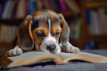 purebred beagle puppy gets to know the world by sniffing the book