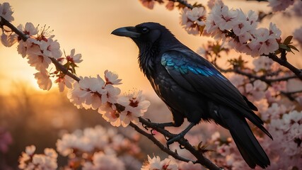 Naklejka premium A majestic crow with iridescent feathers, perched on a blooming cherry blossom tree, against a backdrop of a golden sunset.