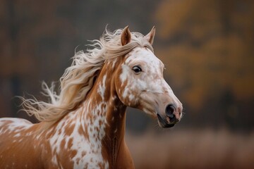 Obraz premium Capture the dynamic movement of a red and palomino horse with a flowing, long blonde mane. The horse should be depicted in a graceful, energetic pose, showcasing its beauty and strength. The mane shou