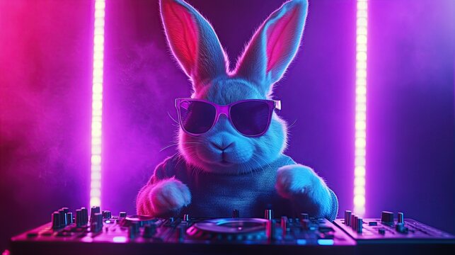 A white rabbit wearing sunglasses is a DJ mixing music on a mixer console in a purple and pink light.